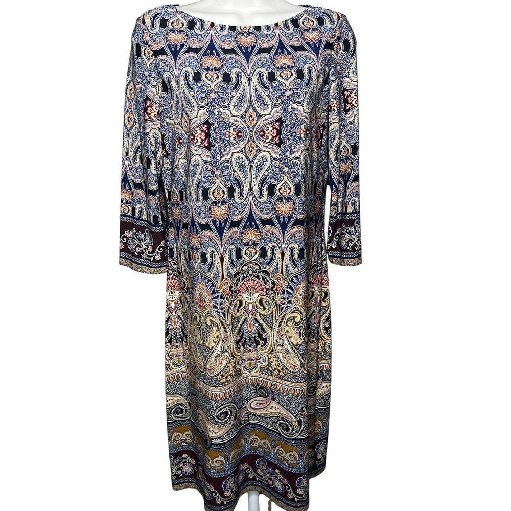Wisp Womens Navy Blue Paisley Boat Neck 3/4 Sleeve Jersey Sheath Dress Size 6